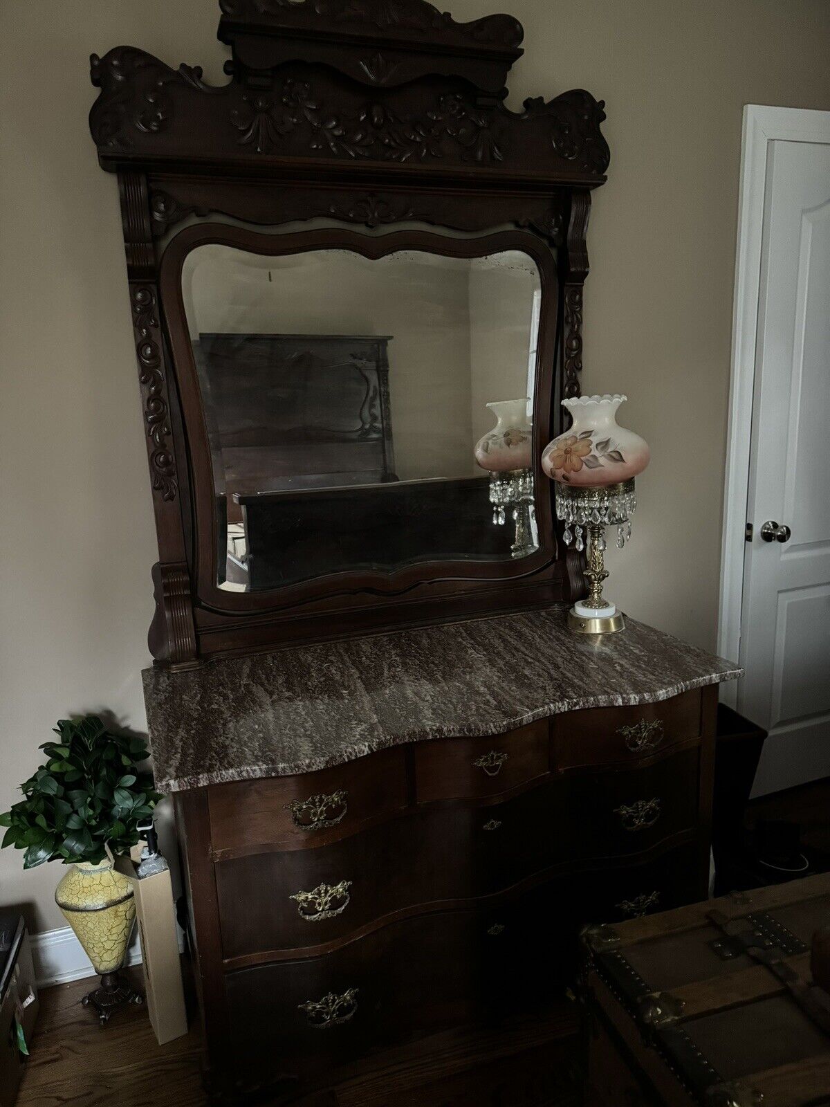 Antique Victorian Mahogany 3 Piece Marble Top Bedroom Suite Set 