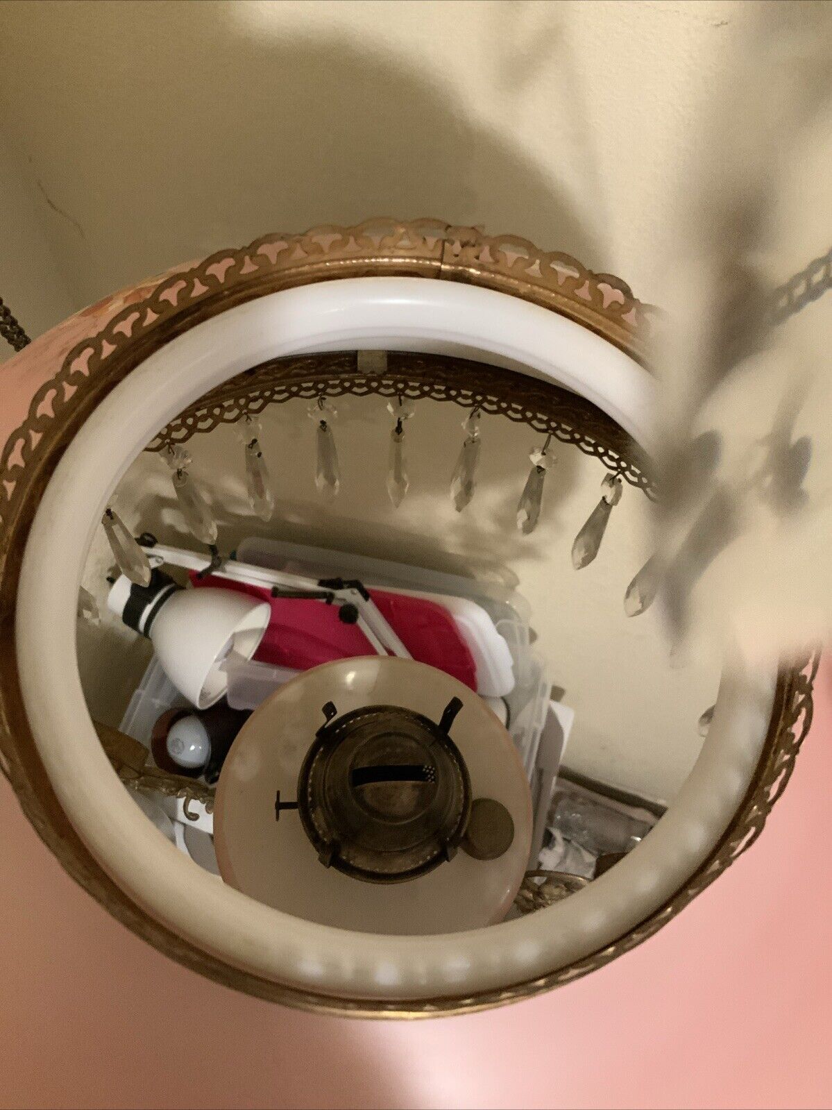 Vintage Antique Victorian Hanging Oil Parlor Library Lamp W/ Matching Font Shade