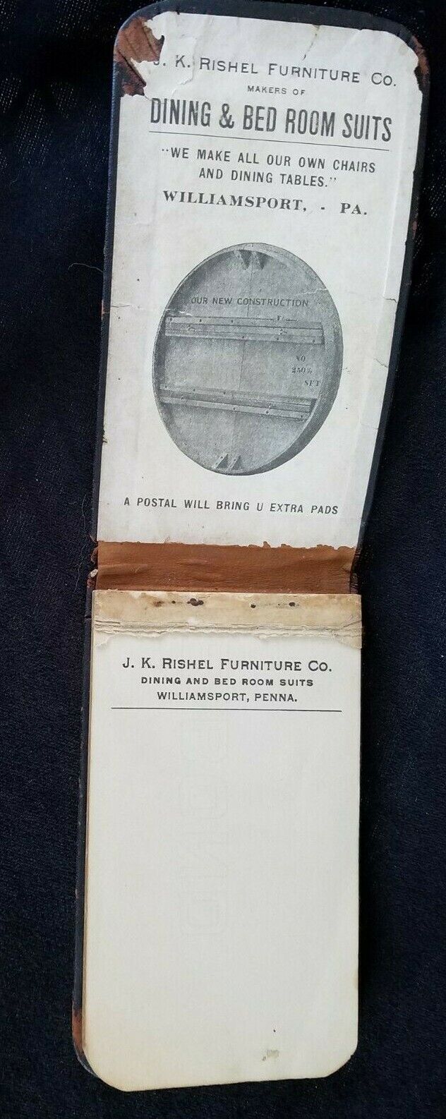 Old Ad Premium Memo Pad JK Rishel Furniture Williamsport Dining Bed Room Suits