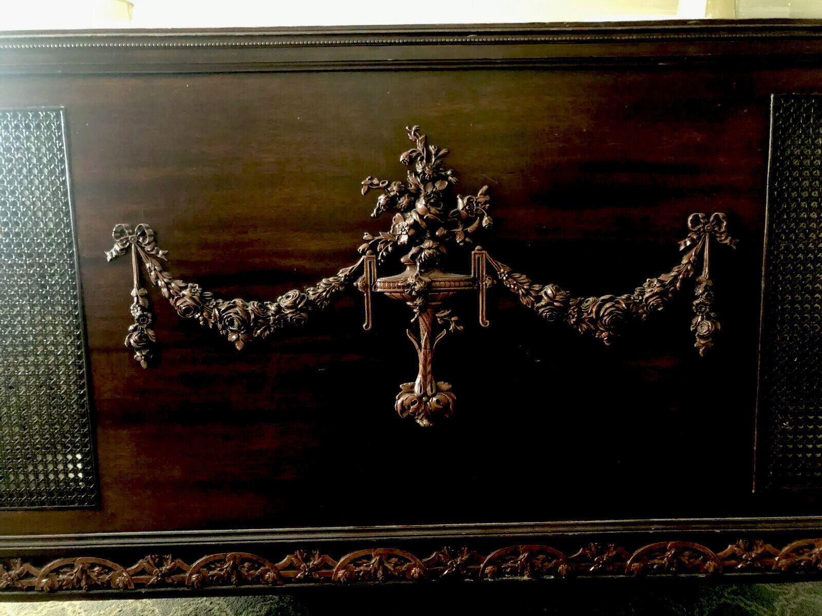 Vintage French Floral Ornate 1930’s Mahogany Caned 5 Piece Bedroom Set