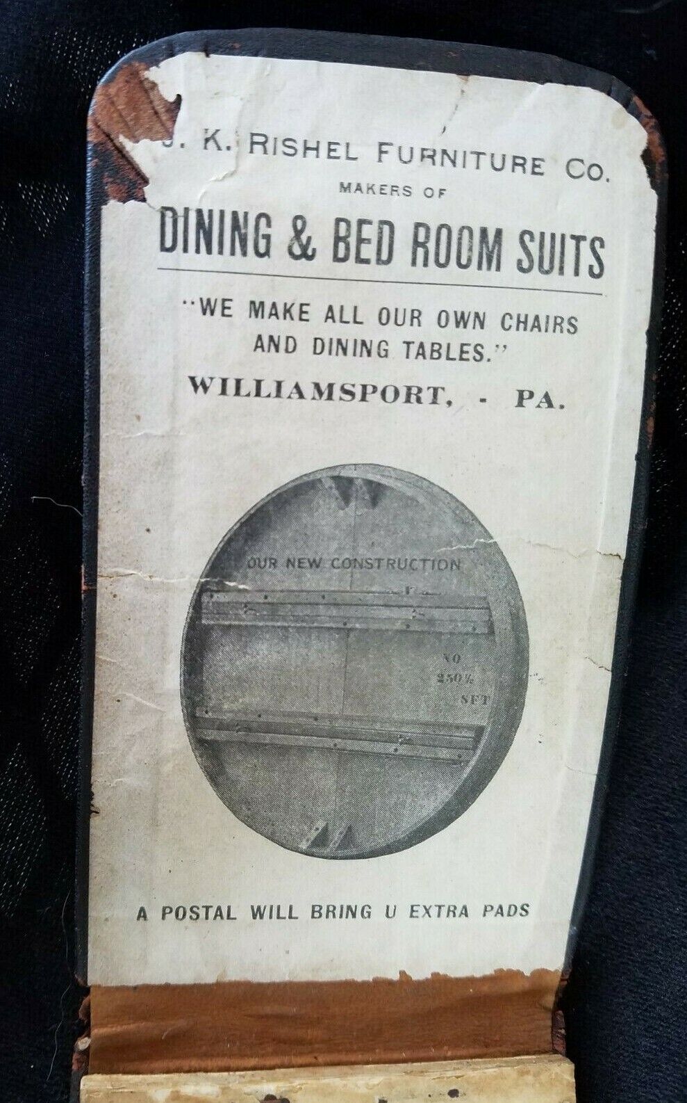 Old Ad Premium Memo Pad JK Rishel Furniture Williamsport Dining Bed Room Suits