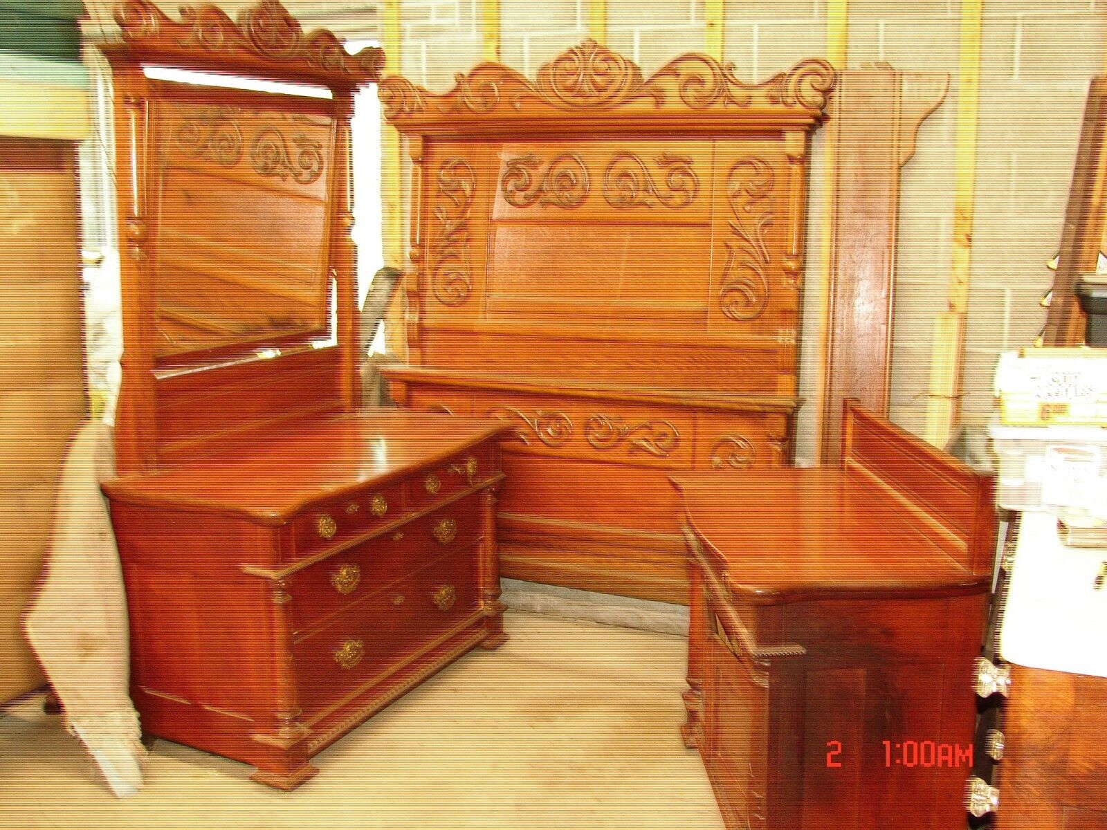 Antique Golden Oak Carved 3 Pc. Bedroom Set - Original Condition