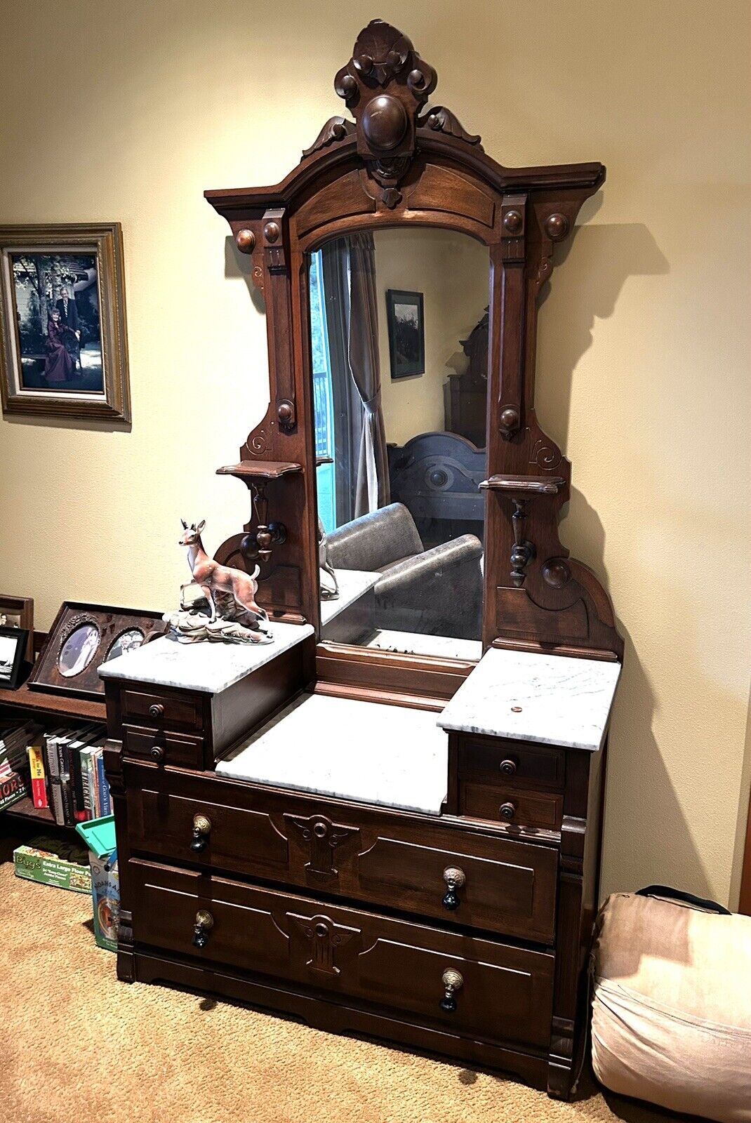 Antique Renaissance Revival Victorian Bedroom Set Headboard Footboard Dresser