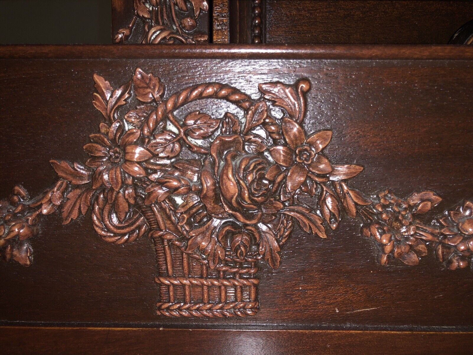 Vintage French Floral Ornate 1930’s Mahogany Caned 5 Piece Bedroom Set
