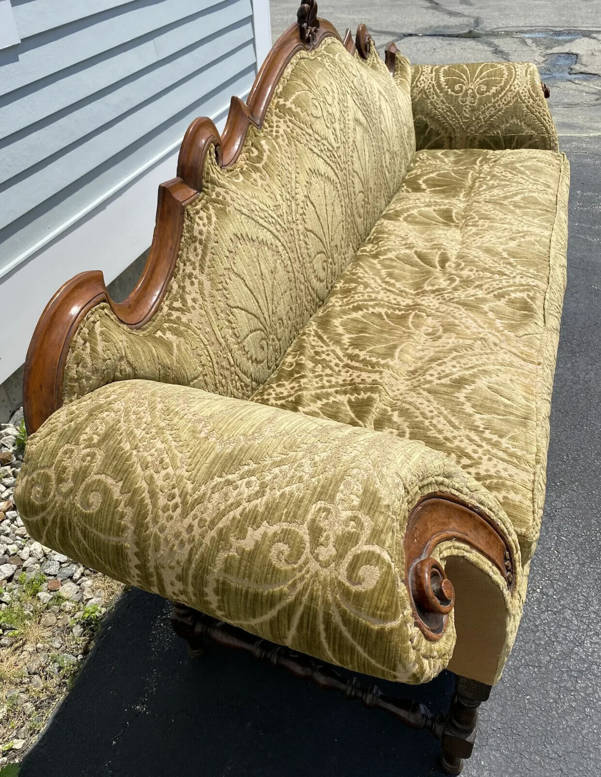 Spectacular 18th c Italian Carved Walnut Sofa Upholstered in Cut Velvet