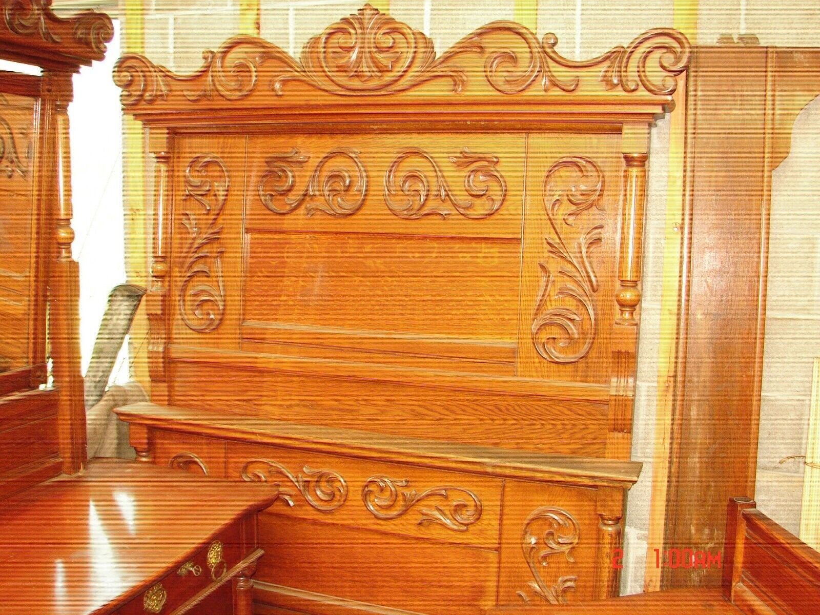 Antique Golden Oak Carved 3 Pc. Bedroom Set - Original Condition