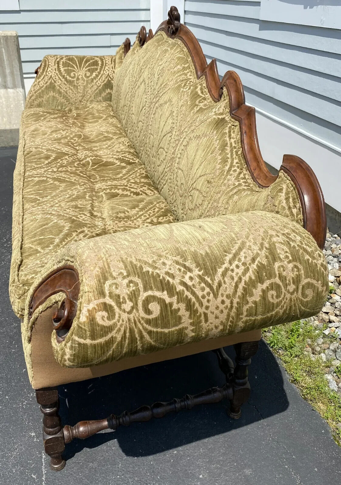 Spectacular 18th c Italian Carved Walnut Sofa Upholstered in Cut Velvet