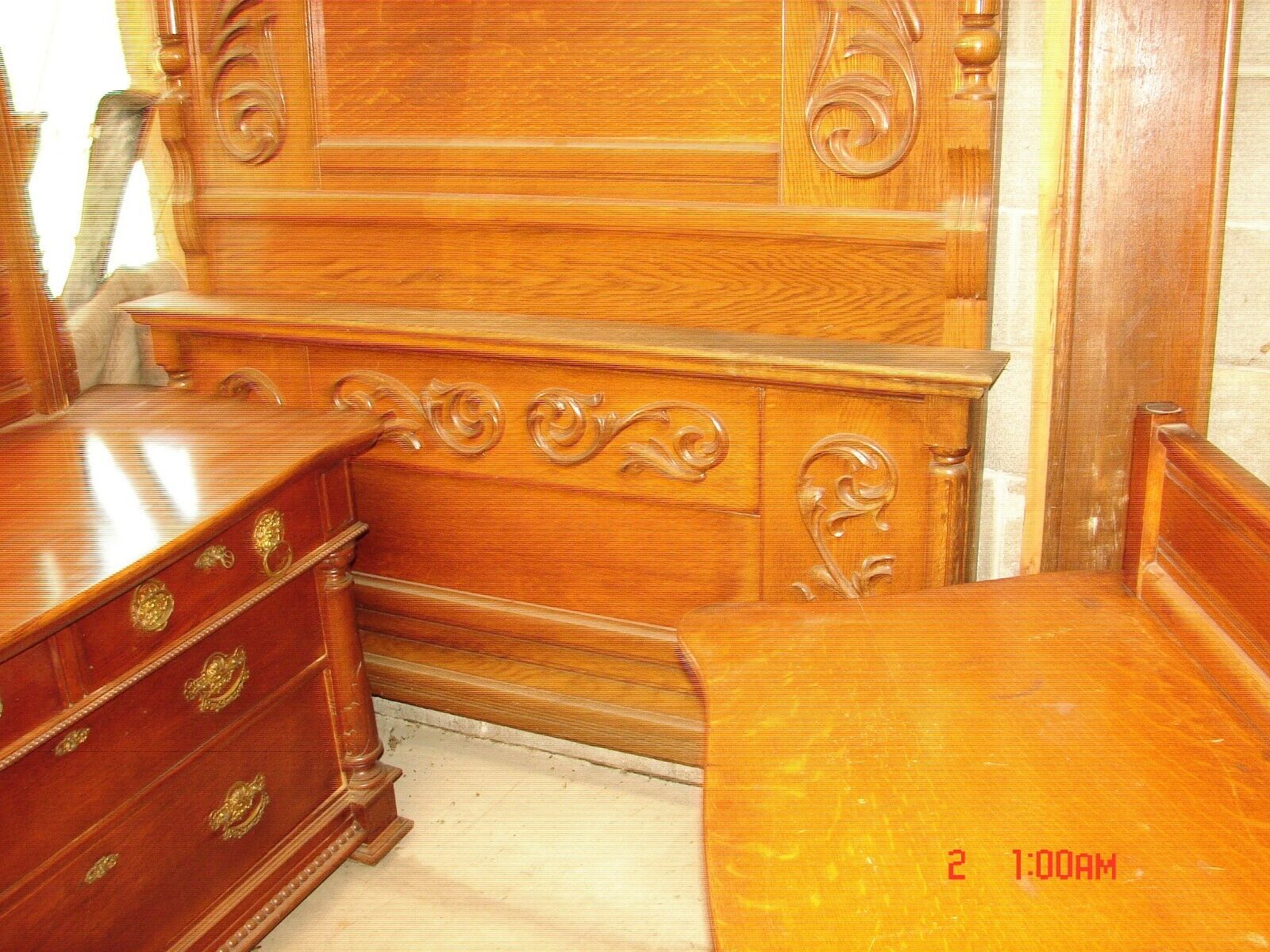 Antique Golden Oak Carved 3 Pc. Bedroom Set - Original Condition