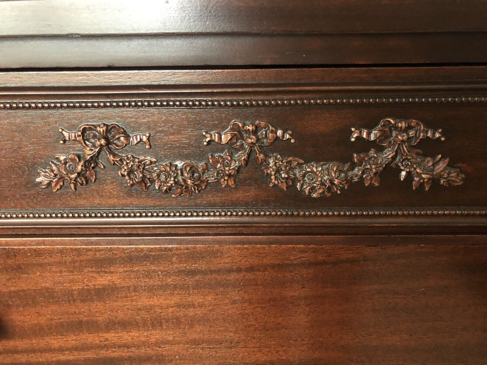 Vintage French Floral Ornate 1930’s Mahogany Caned 5 Piece Bedroom Set