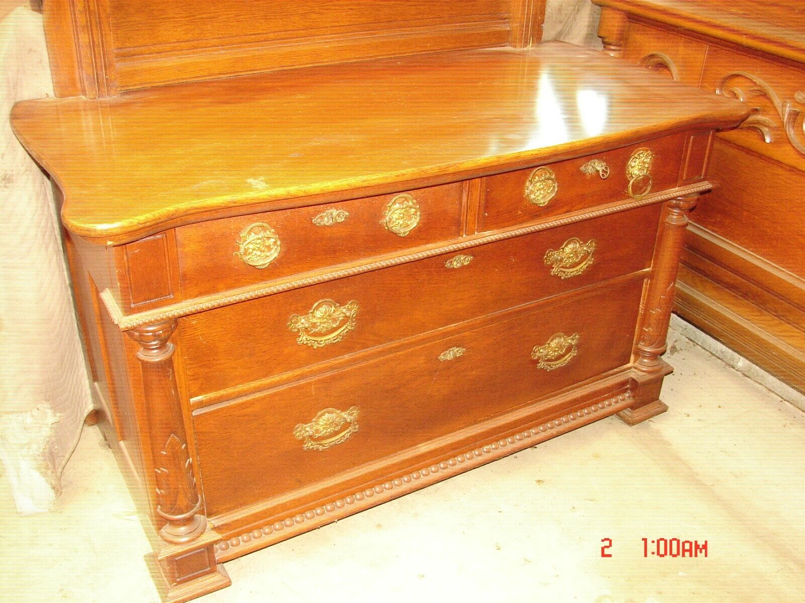 Antique Golden Oak Carved 3 Pc. Bedroom Set - Original Condition