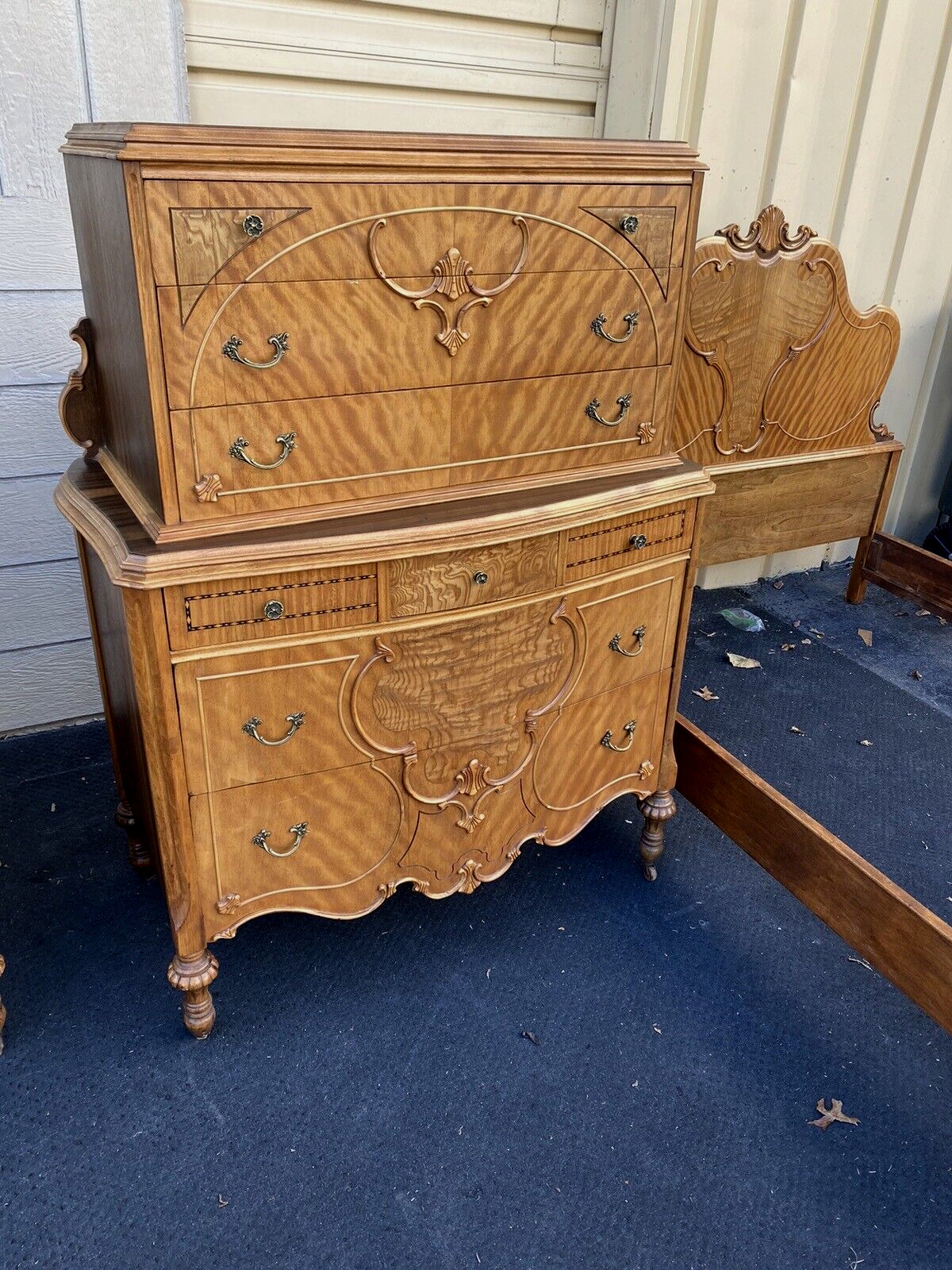 64898   Antique Walnut Bedroom Set High chest Dresser w/ mirror vanity bed