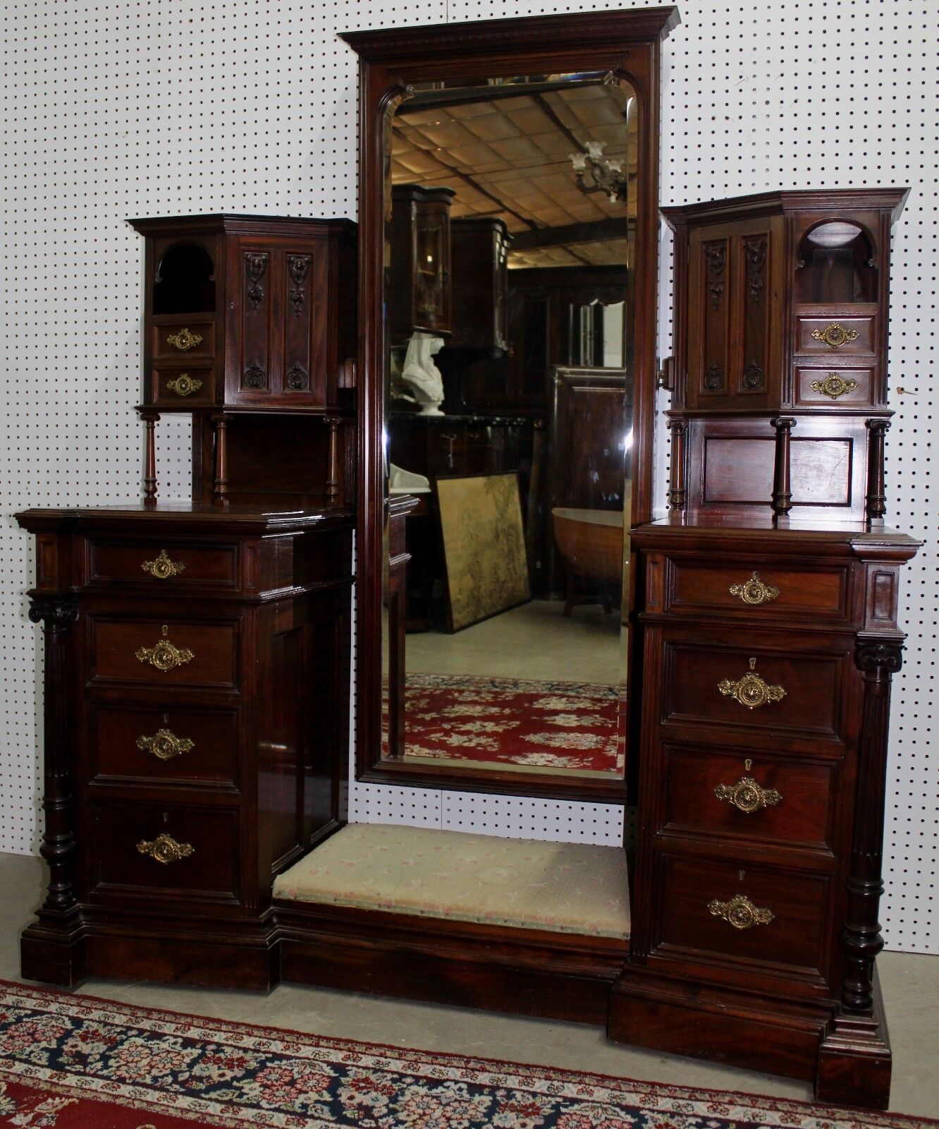 Antique Carved English Edwardian Solid Mahogany 4 Piece Bedroom Set W/ Bed C1890