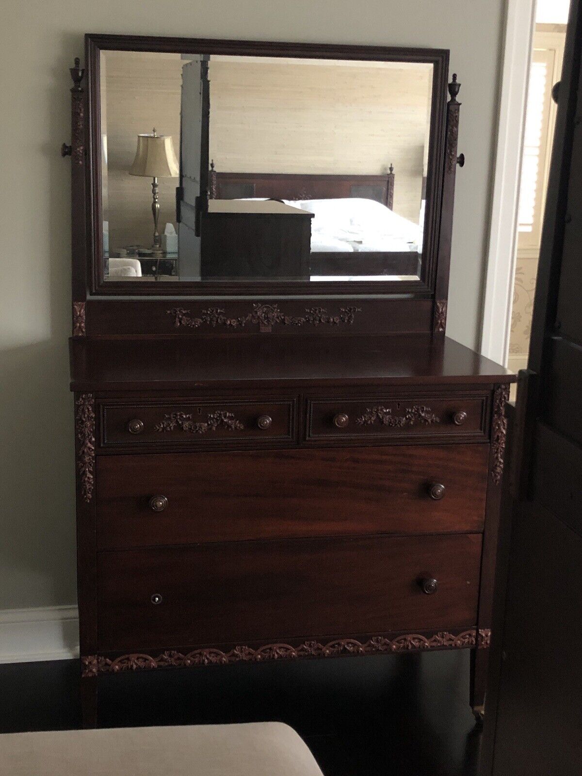 Vintage French Floral Ornate 1930’s Mahogany Caned 5 Piece Bedroom Set