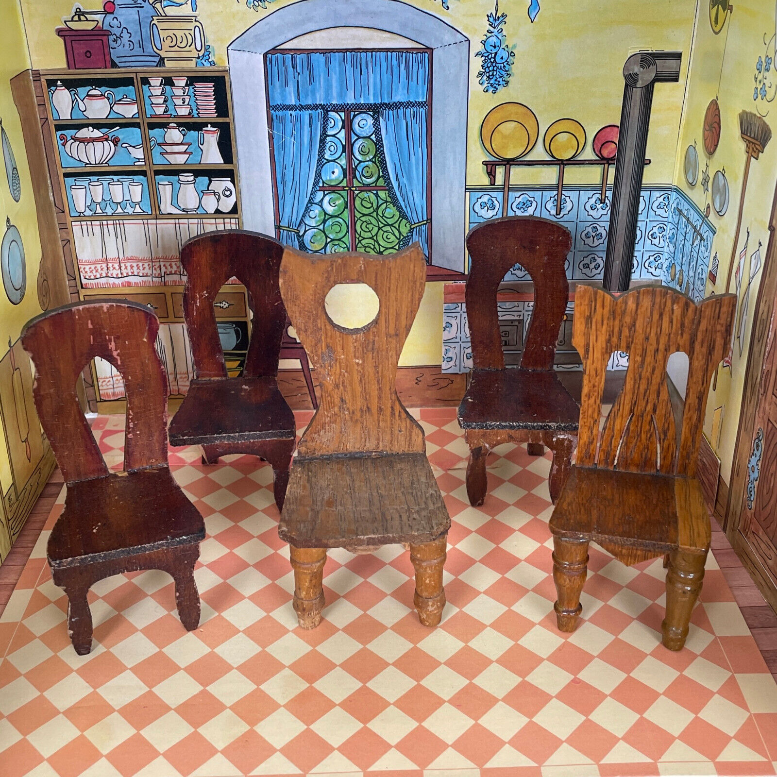 Vtg Victorian ANTIQUE CHAIR LOT Wood Dollhouse Furniture Dining Room 1800s 1900s