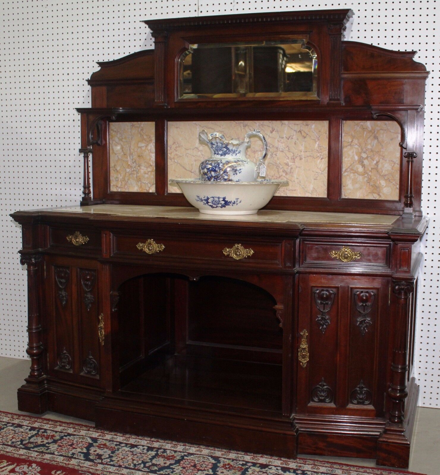 Antique Carved English Edwardian Solid Mahogany 4 Piece Bedroom Set W/ Bed C1890