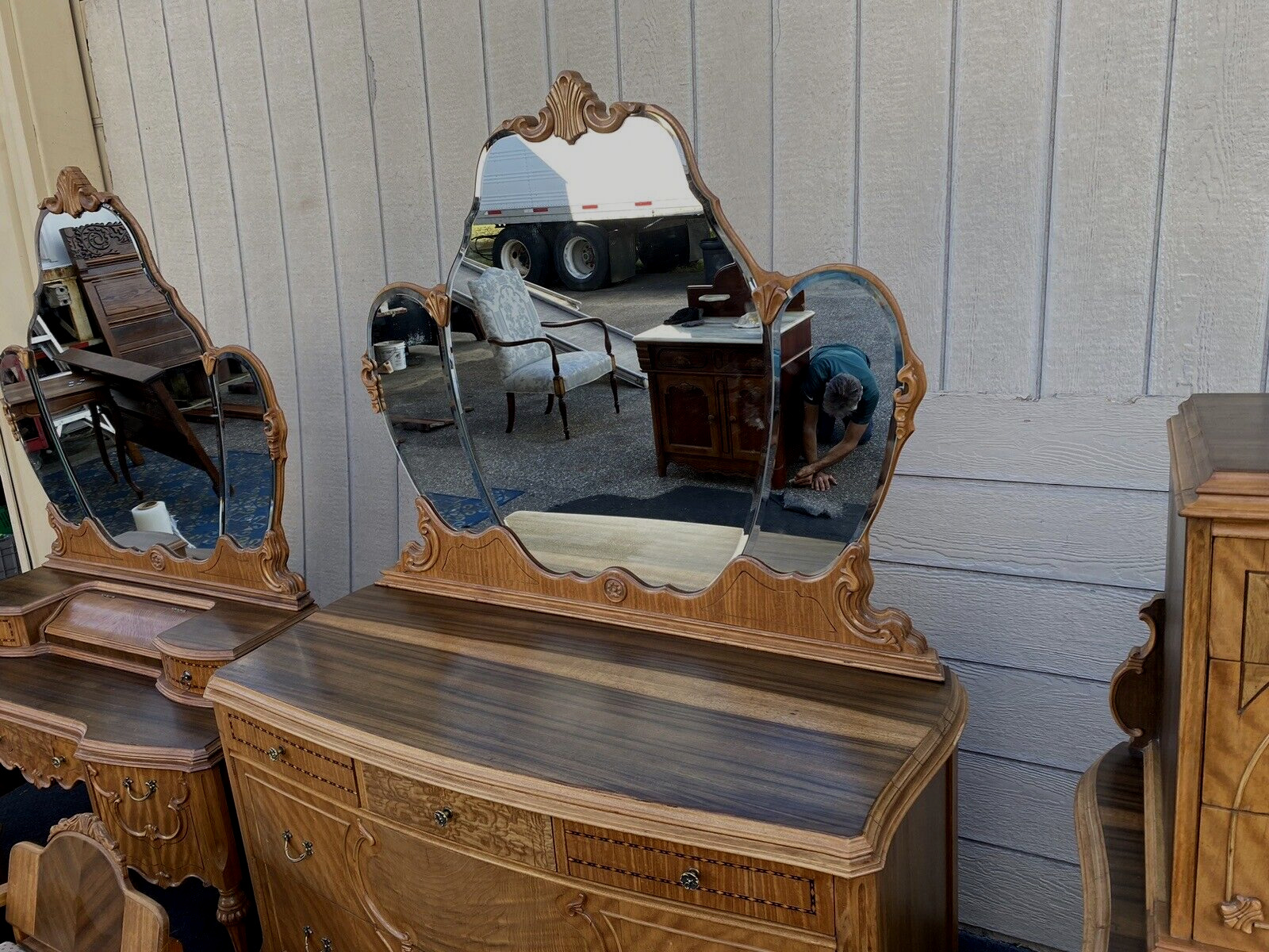 64898   Antique Walnut Bedroom Set High chest Dresser w/ mirror vanity bed