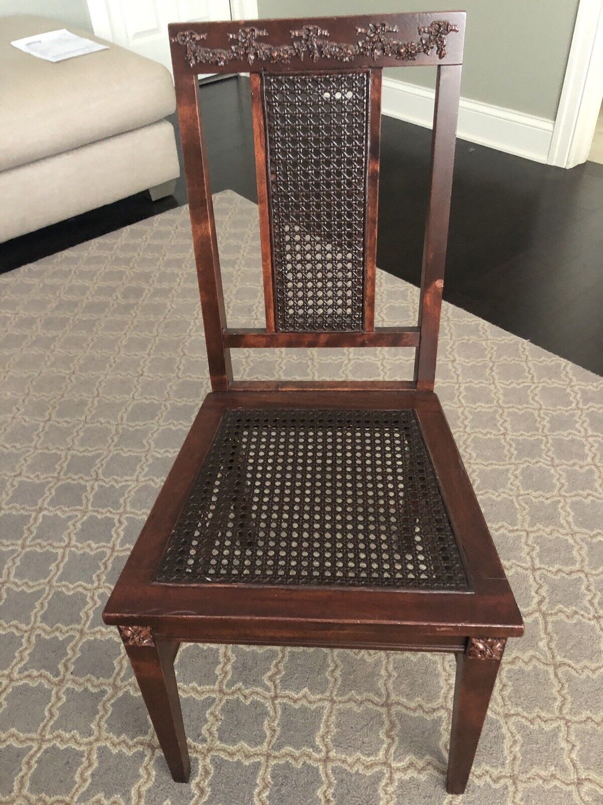 Vintage French Floral Ornate 1930’s Mahogany Caned 5 Piece Bedroom Set