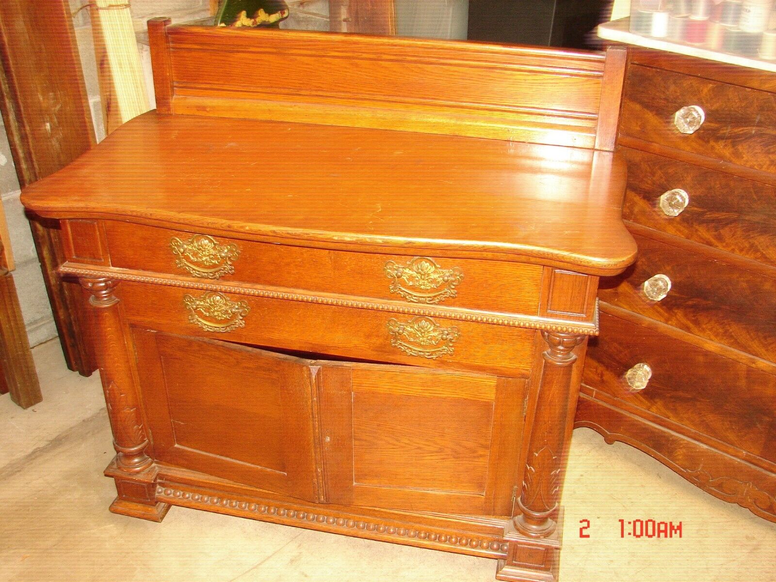 Antique Golden Oak Carved 3 Pc. Bedroom Set - Original Condition