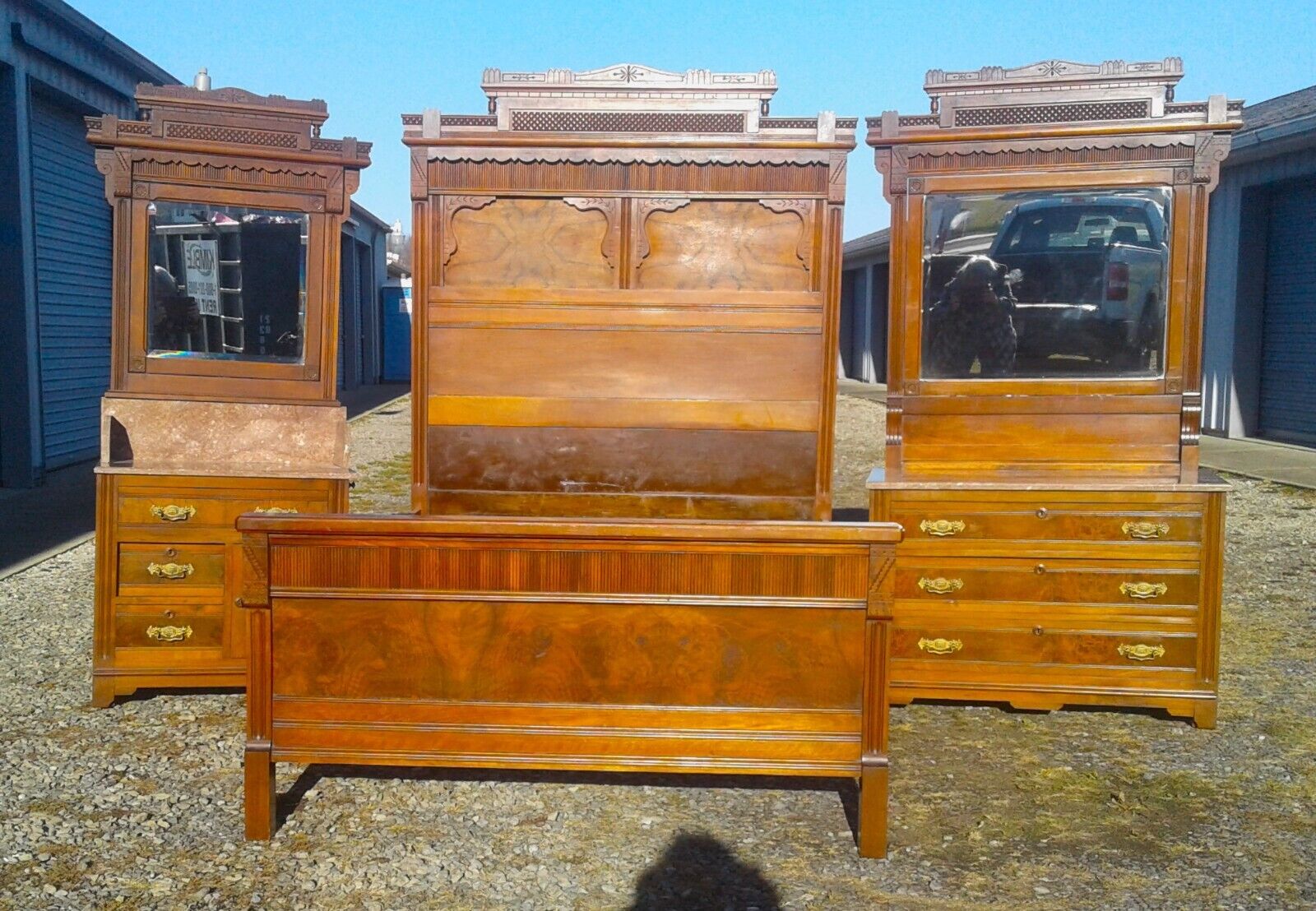 Antique Walnut Victorian 3 Piece Bedroom Set with Chocolate Marble 1890s