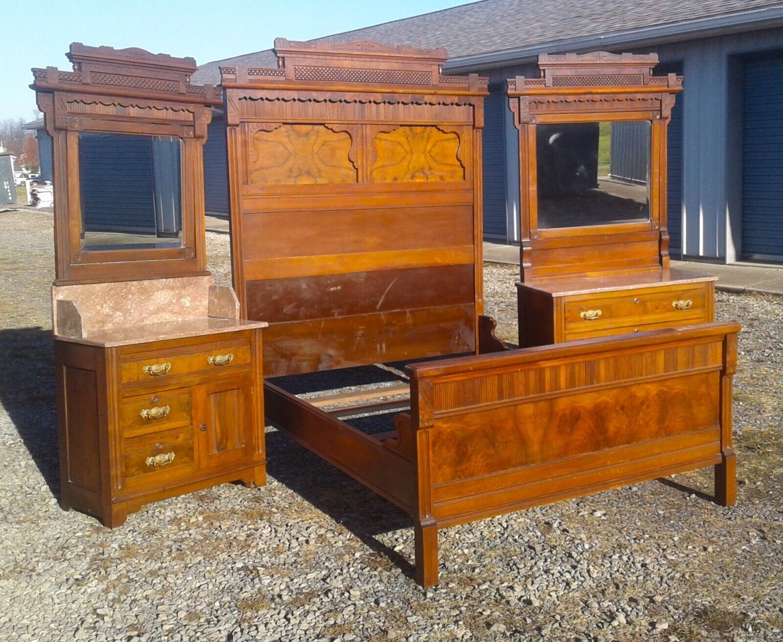 Antique Walnut Victorian 3 Piece Bedroom Set with Chocolate Marble  1890s