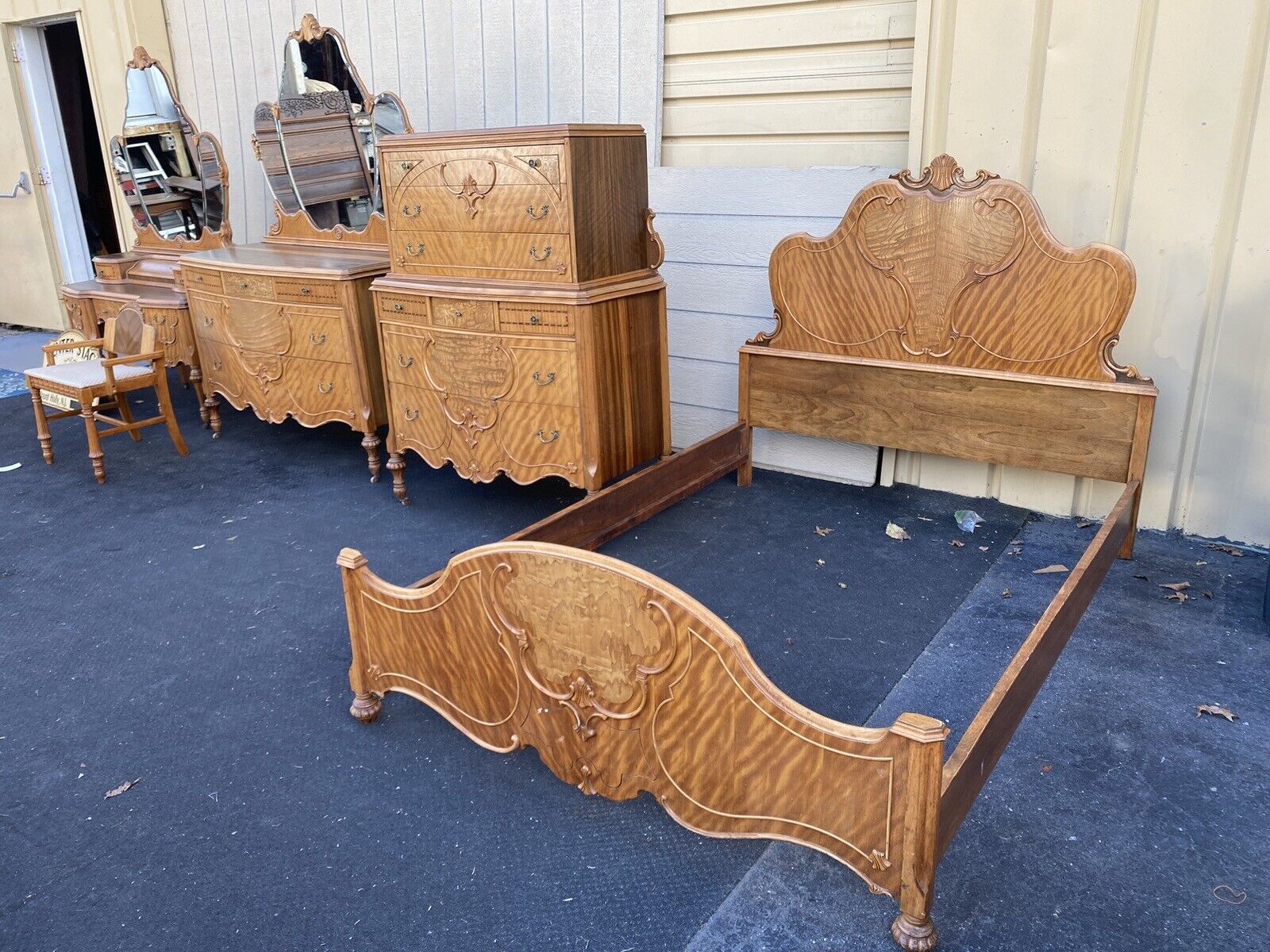 64898   Antique Walnut Bedroom Set High chest Dresser w/ mirror vanity bed