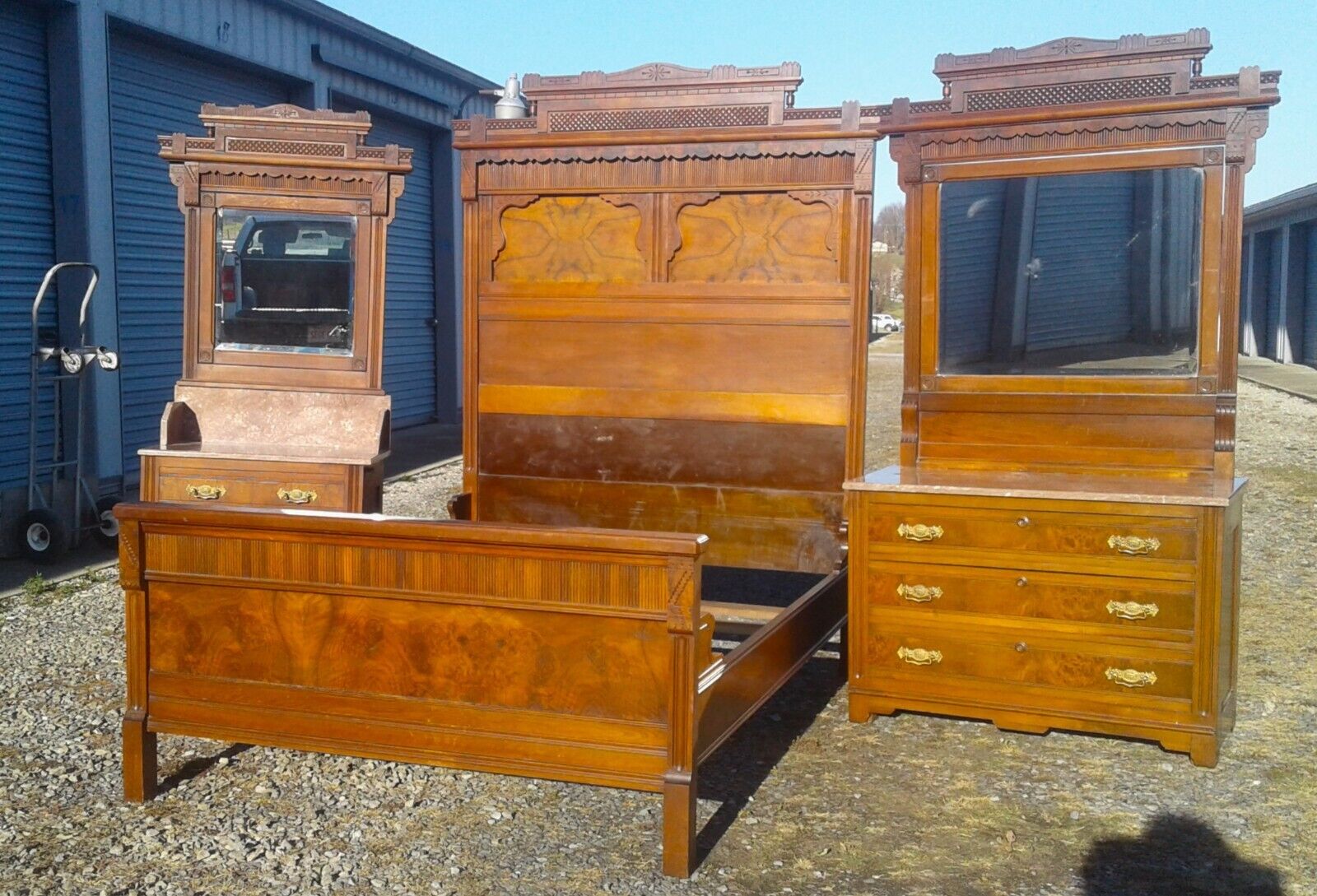 Antique Walnut Victorian 3 Piece Bedroom Set with Chocolate Marble  1890s