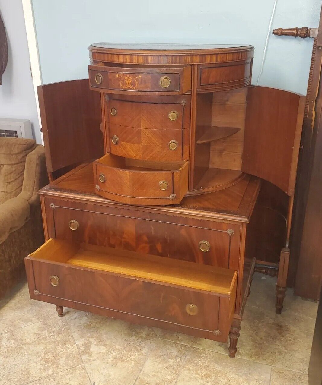 8 Pcs Antique 30's Waterfall Full Size Bedroom Furniture Set Unique See Pictures