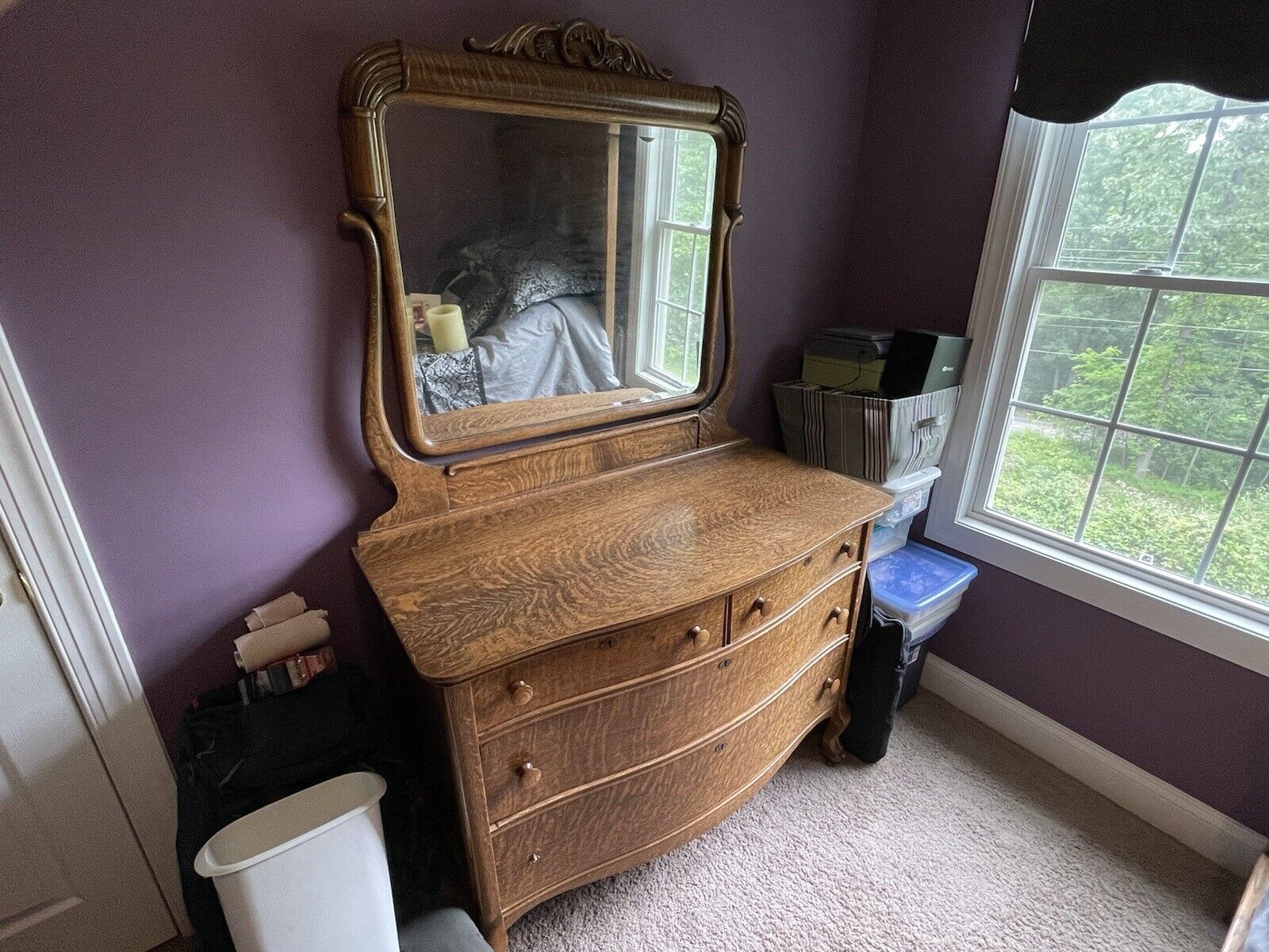 Antique Solid Oak Bedroom Set Double/Full Bed Dresser w/Mirror Wash Stand