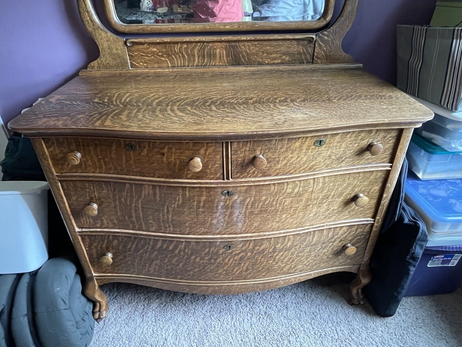 Antique Solid Oak Bedroom Set Double/Full Bed Dresser w/Mirror Wash Stand