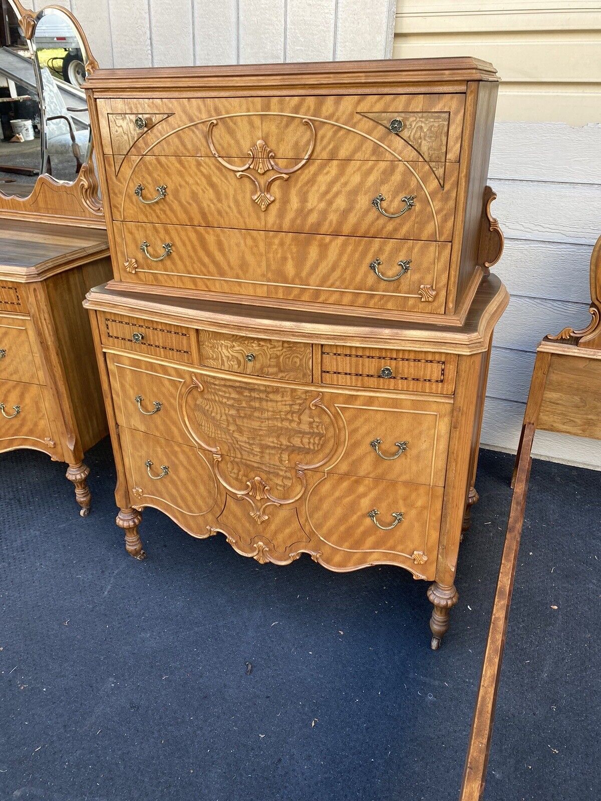 64898   Antique Walnut Bedroom Set High chest Dresser w/ mirror vanity bed