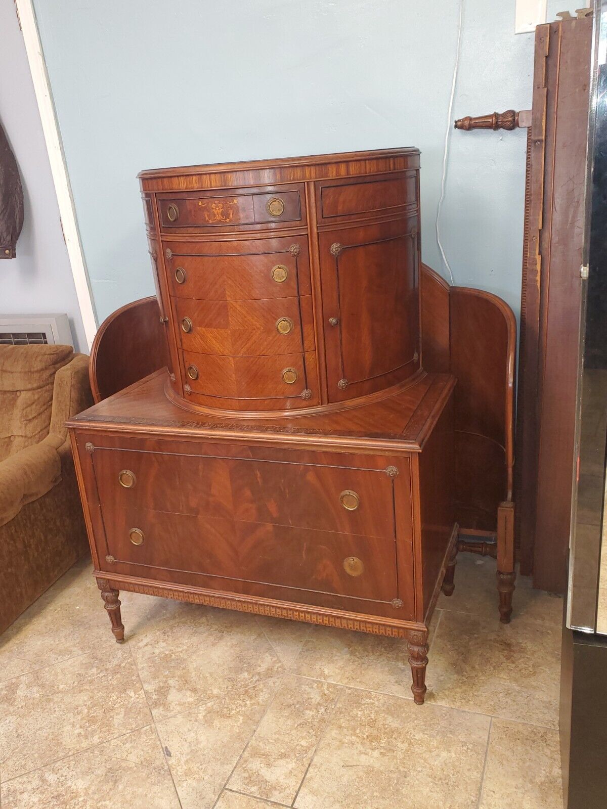 8 Pcs Antique 30's Waterfall Full Size Bedroom Furniture Set Unique See Pictures