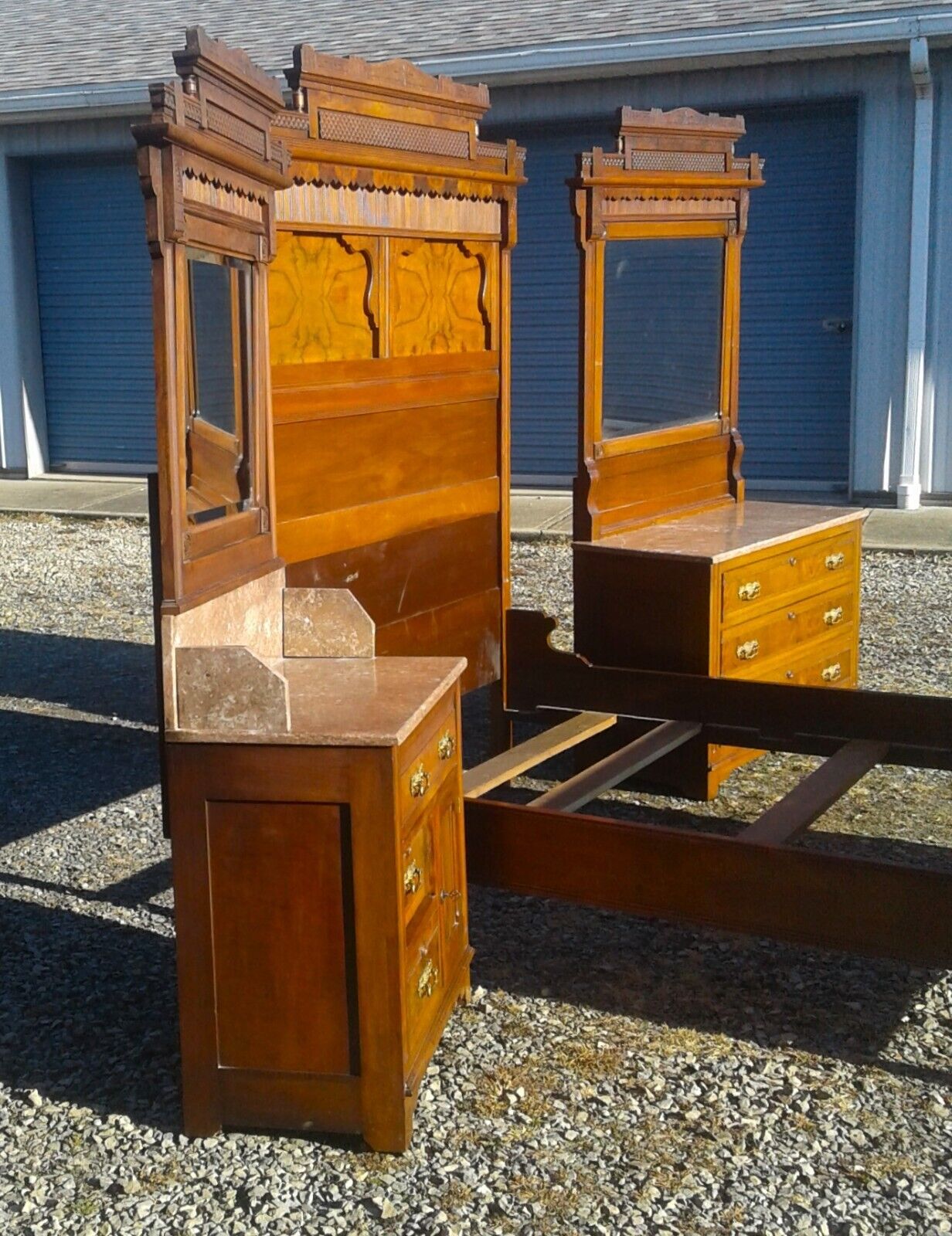 Antique Walnut Victorian 3 Piece Bedroom Set with Chocolate Marble  1890s