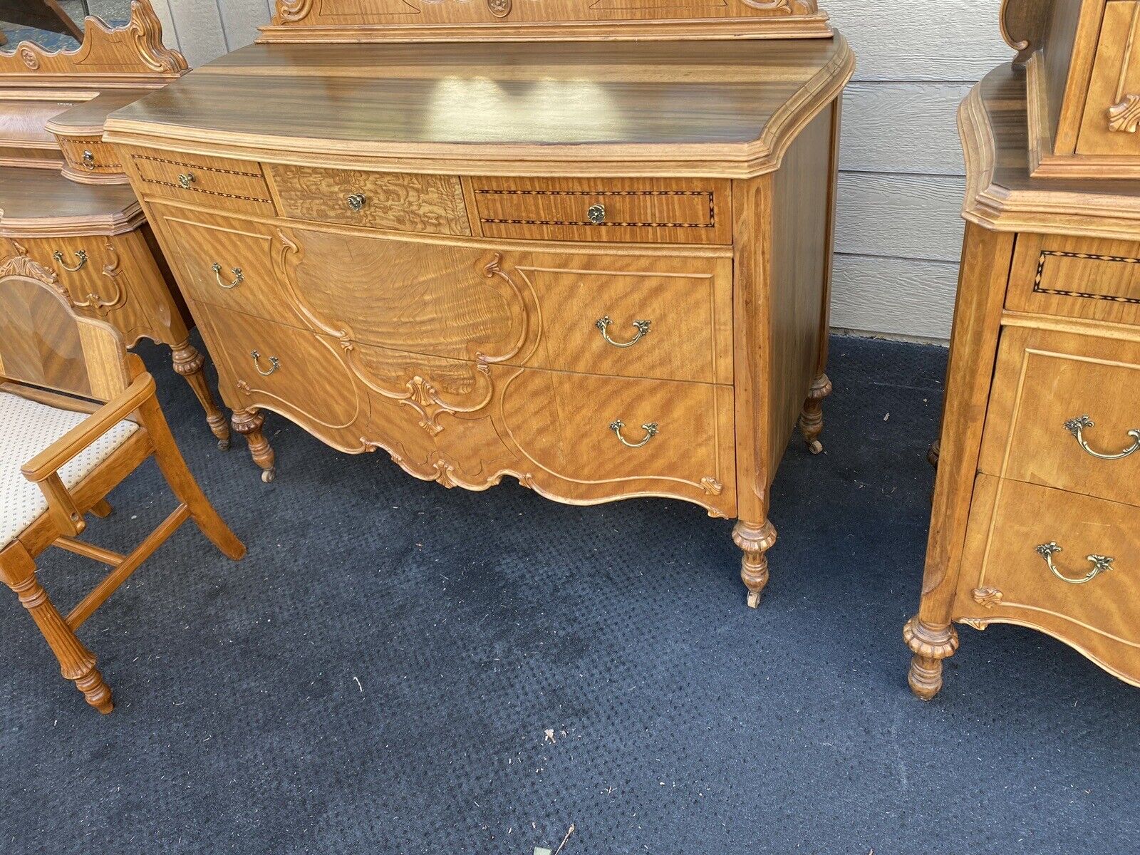64898   Antique Walnut Bedroom Set High chest Dresser w/ mirror vanity bed