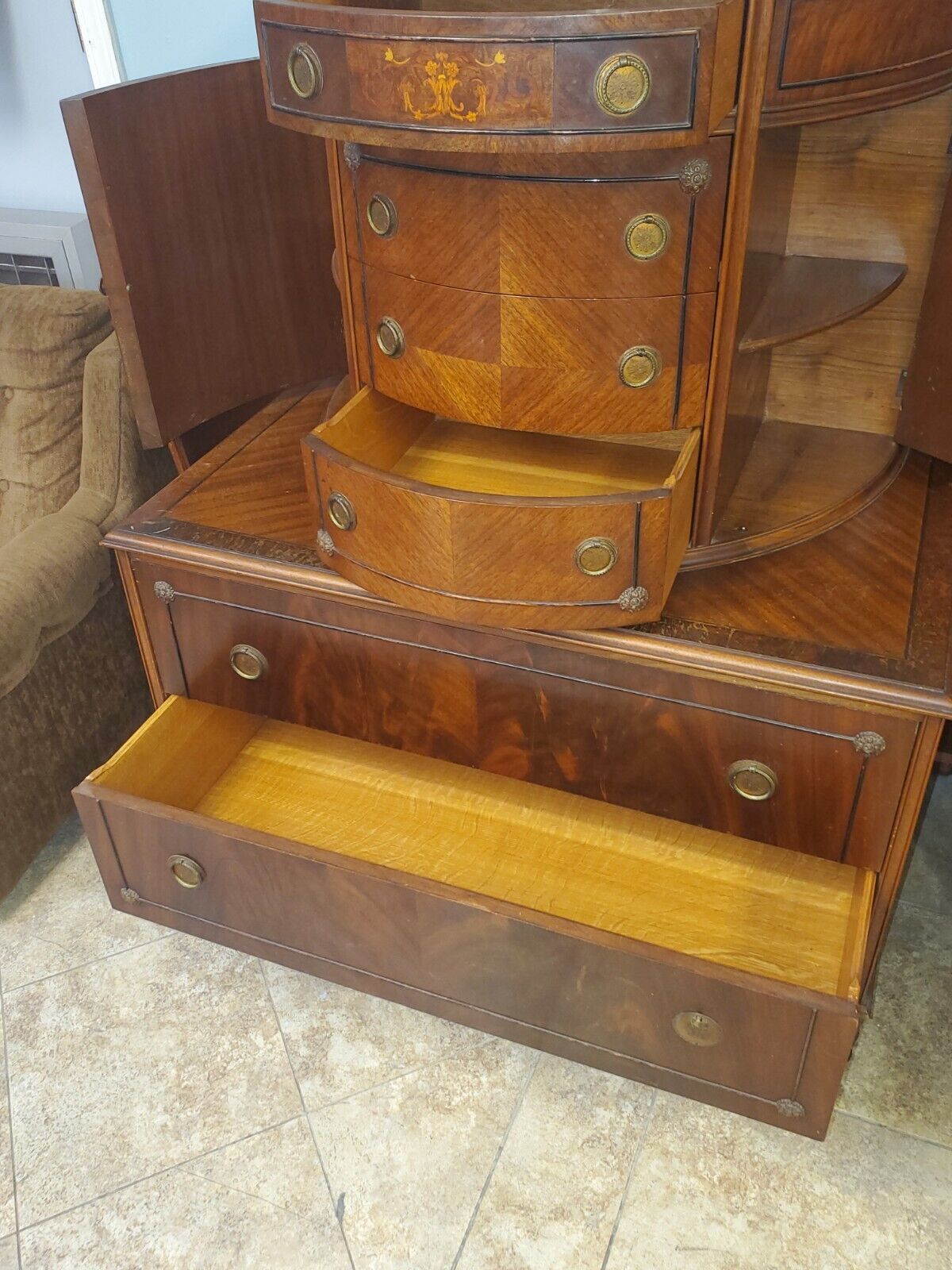 8 Pcs Antique 30's Waterfall Full Size Bedroom Furniture Set Unique See Pictures