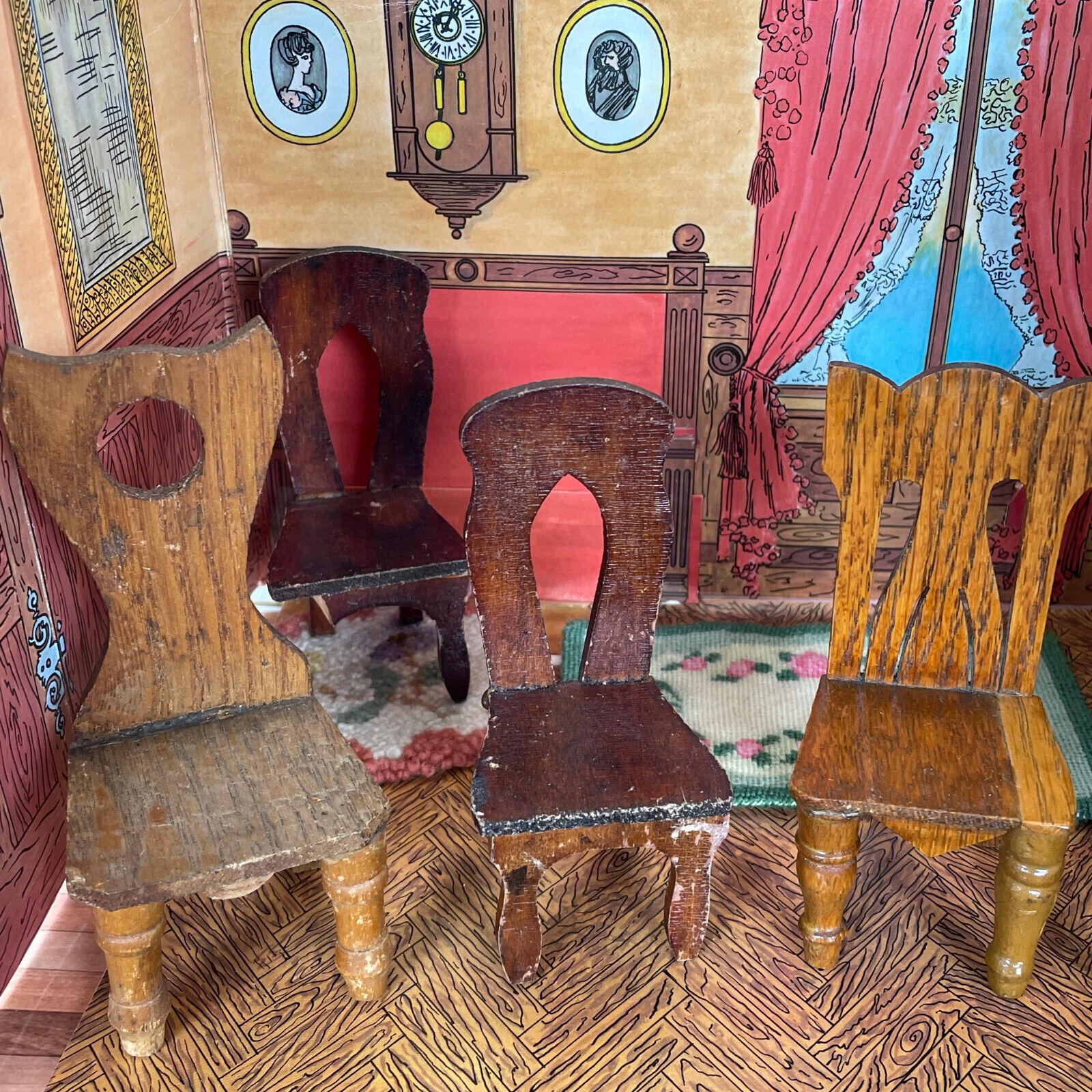 Vtg Victorian ANTIQUE CHAIR LOT Wood Dollhouse Furniture Dining Room 1800s 1900s