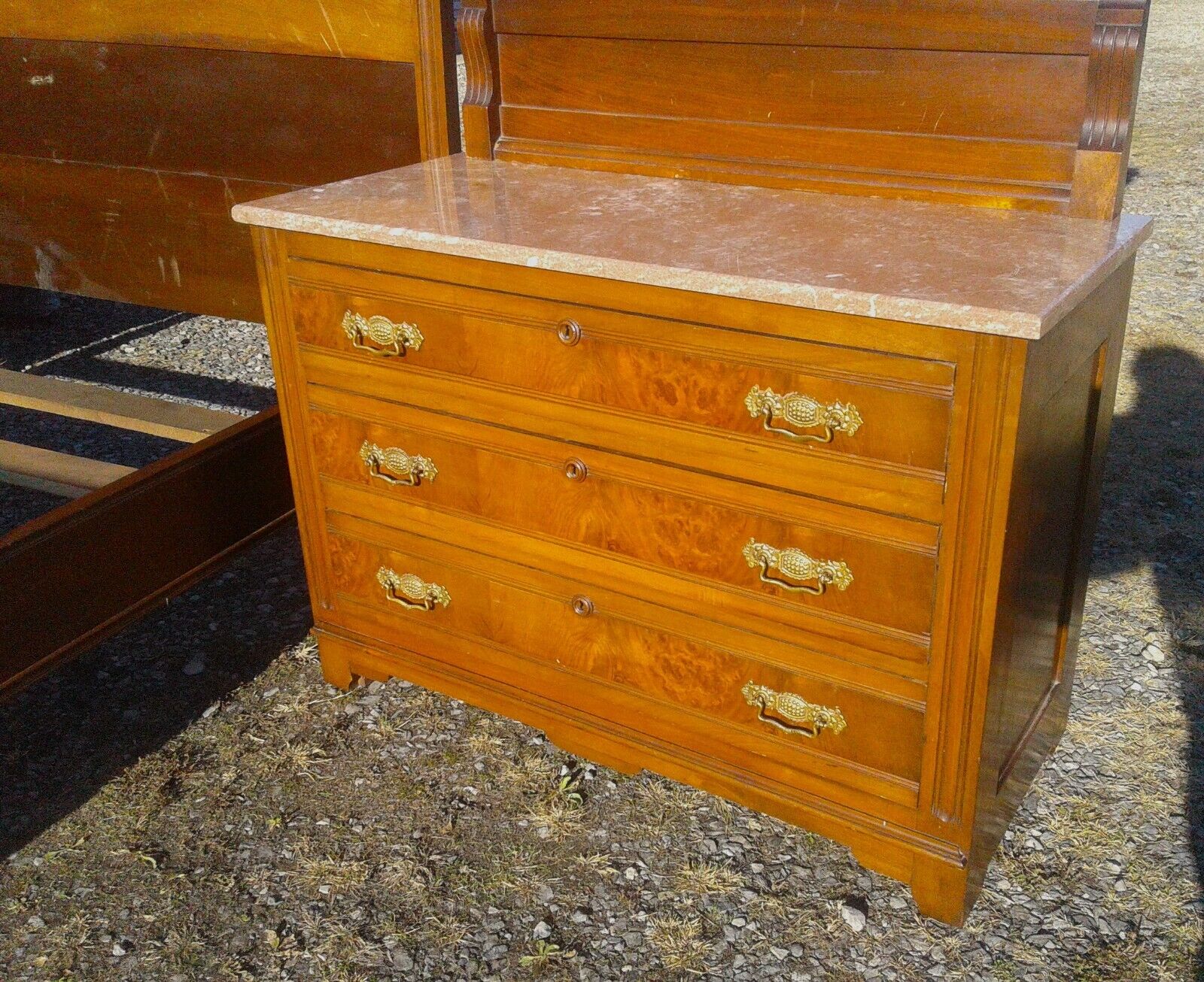 Antique Walnut Victorian 3 Piece Bedroom Set with Chocolate Marble  1890s