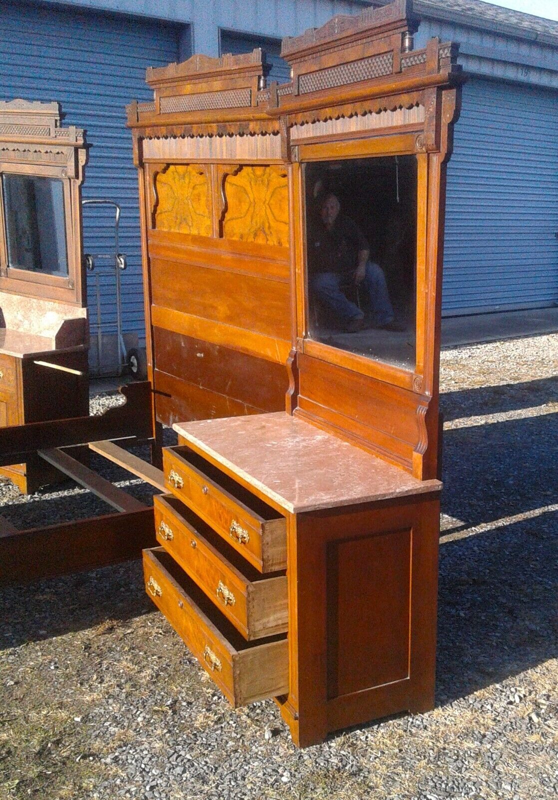 Antique Walnut Victorian 3 Piece Bedroom Set with Chocolate Marble  1890s