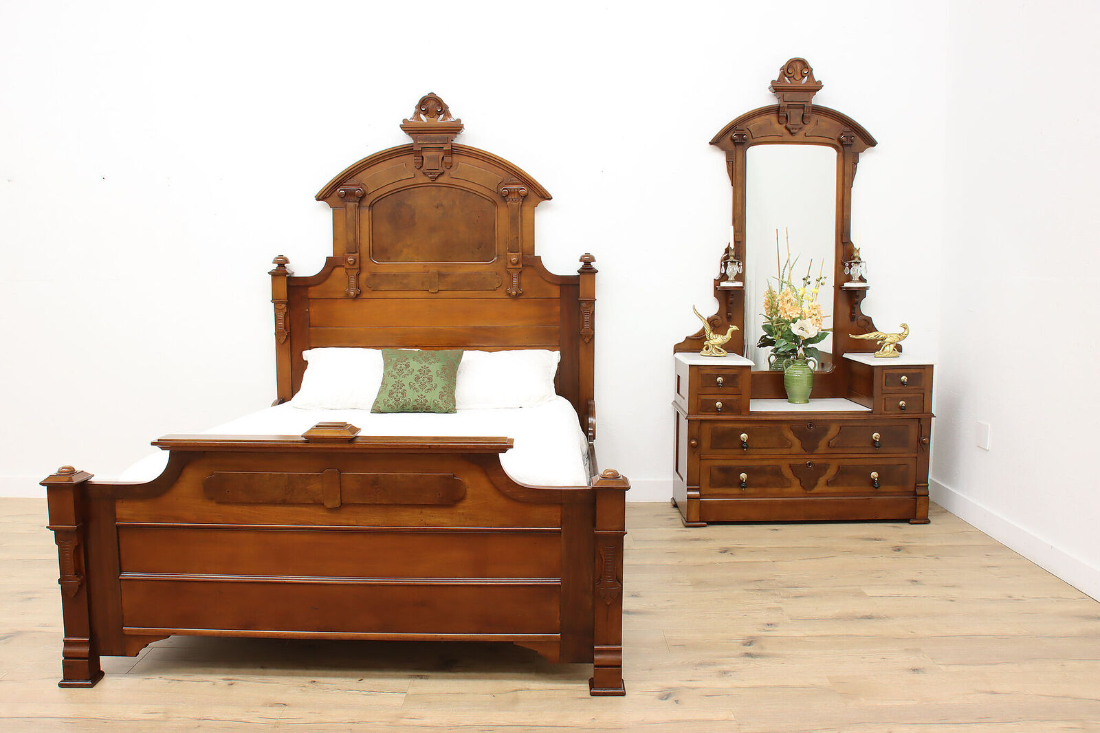 Victorian Antique 2 Pc Carved Walnut Bedroom Set, Queen Size #48646