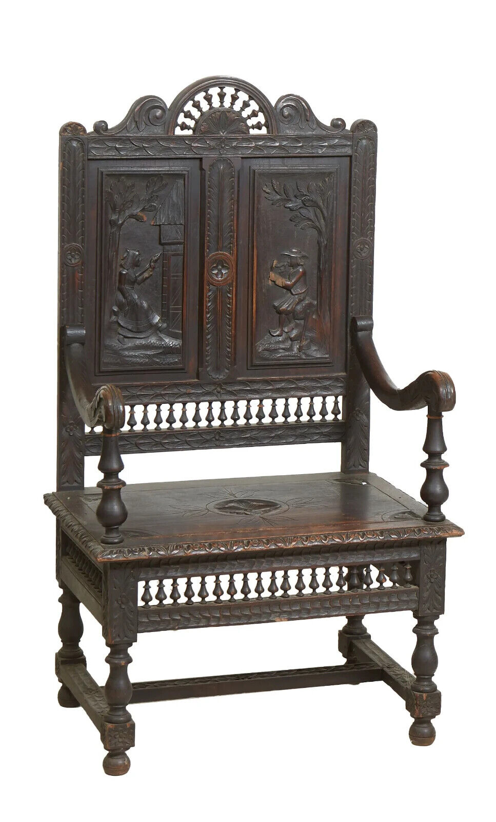 Antique Armchair,  French Breton, Carved Oak,  Spindled Crest, L. 19th C., 1800s