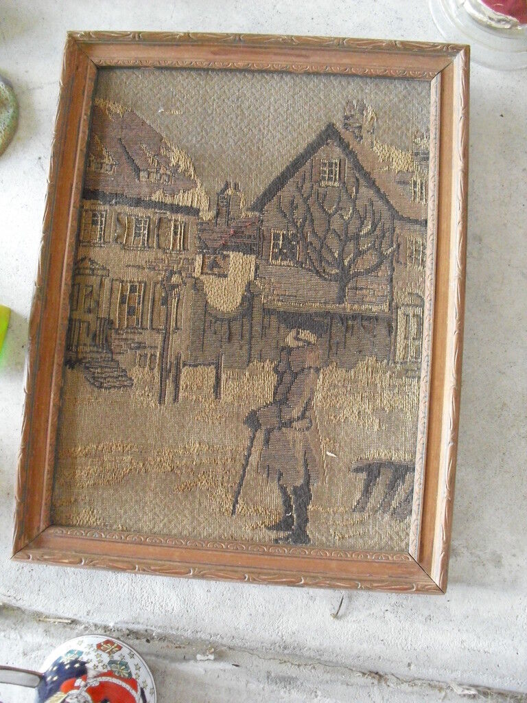 Colonial Man and Buildings Needlepoint, Early 1900s