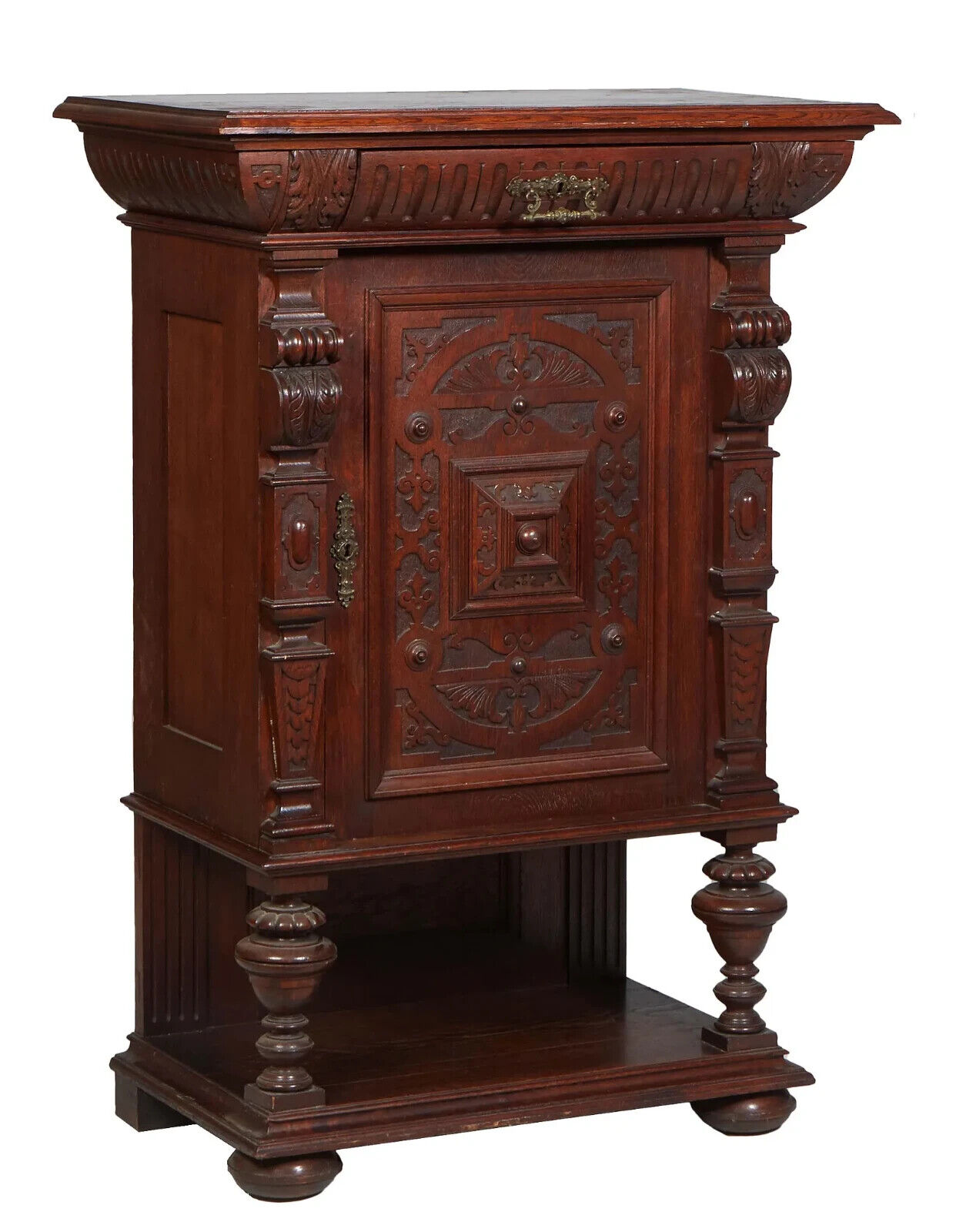 Antique Cabinet, Continental Carved Oak Renaissance Style, Relief Carved, 1800s!