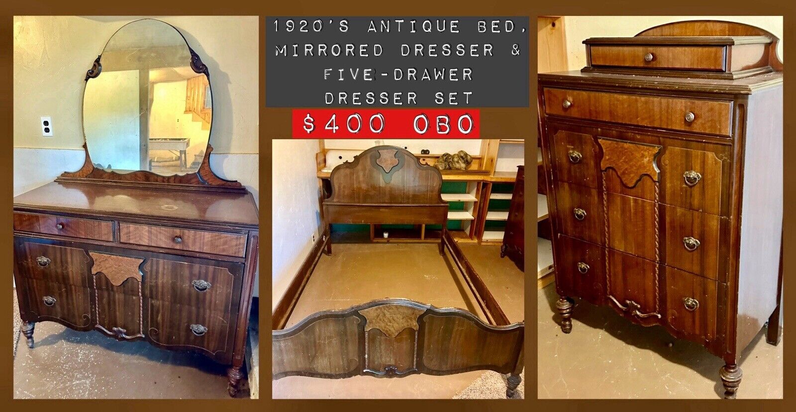 1920s Antique 3pc. Bedroom Set (full Bed, Mirrored Dresser & 5-Drawer Dresser)