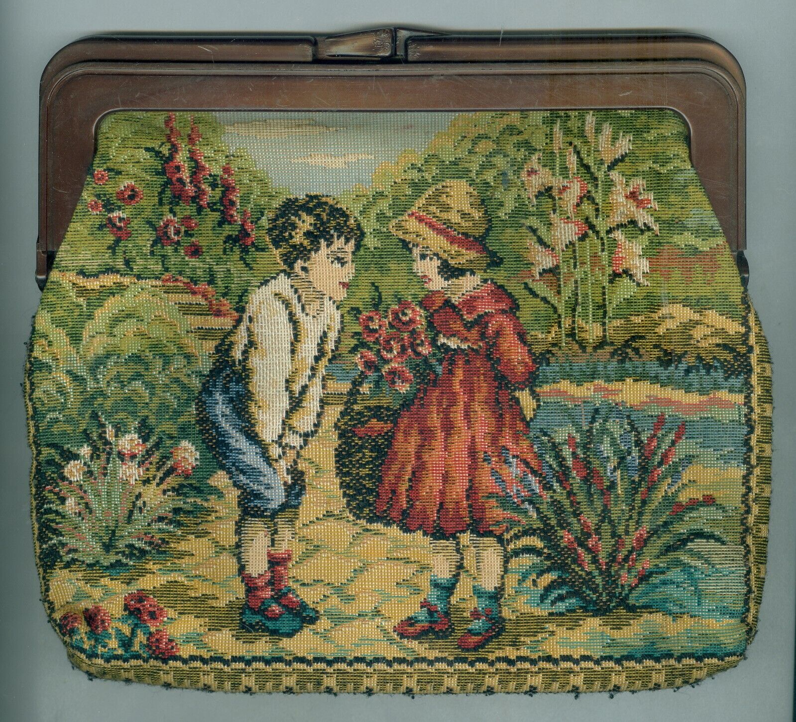 Charming Floral Garden Tapestry Purse, 1900s Decor