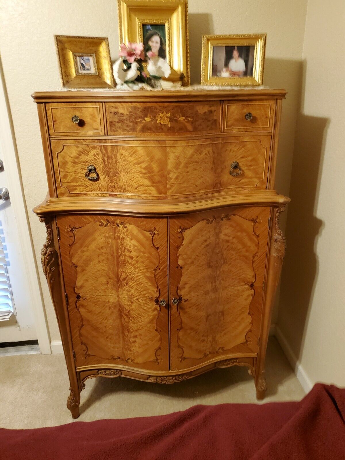 FRENCH LOUIS XV STYLE FANTASTIC ANTIQUE INLAID BURL Bedroom Set-6 Pieces