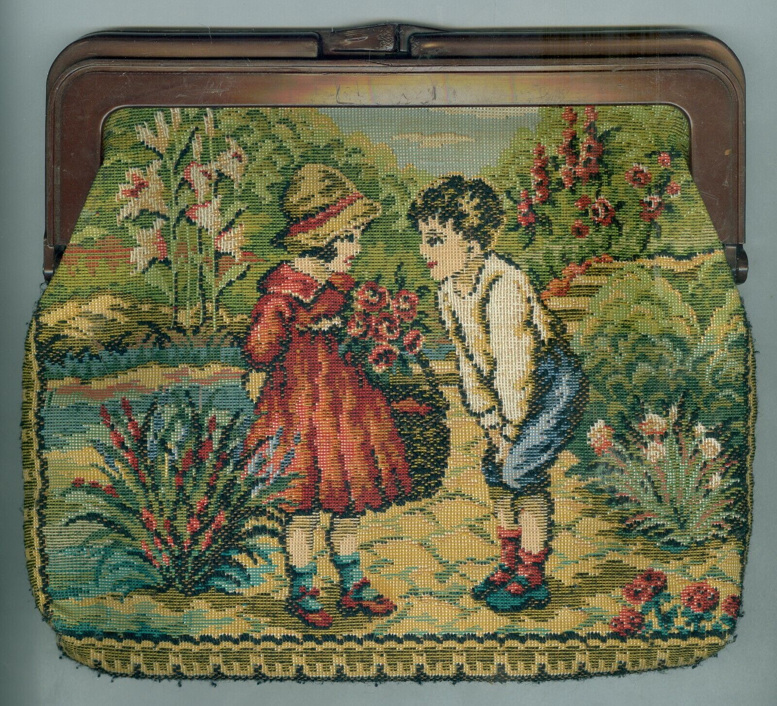 Charming Floral Garden Tapestry Purse, 1900s Decor