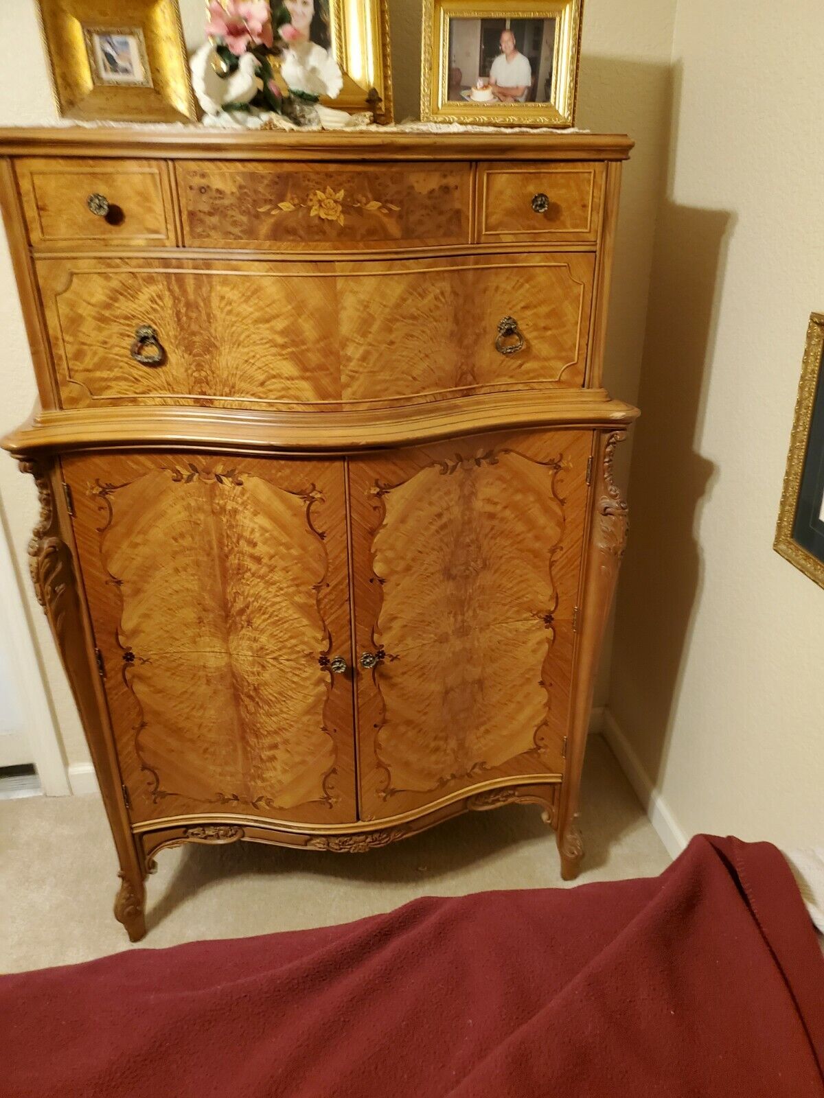 FRENCH LOUIS XV STYLE FANTASTIC ANTIQUE INLAID BURL Bedroom Set-6 Pieces