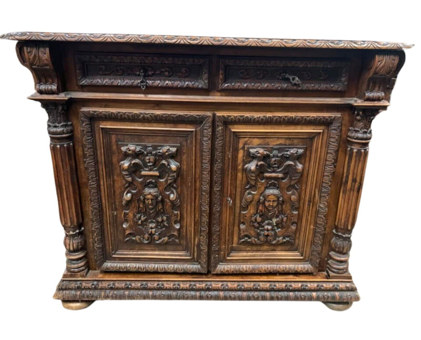 Antique Dresser, Server, Renaissance Style, Carved Wood, Drawers, 19th C. 1800s