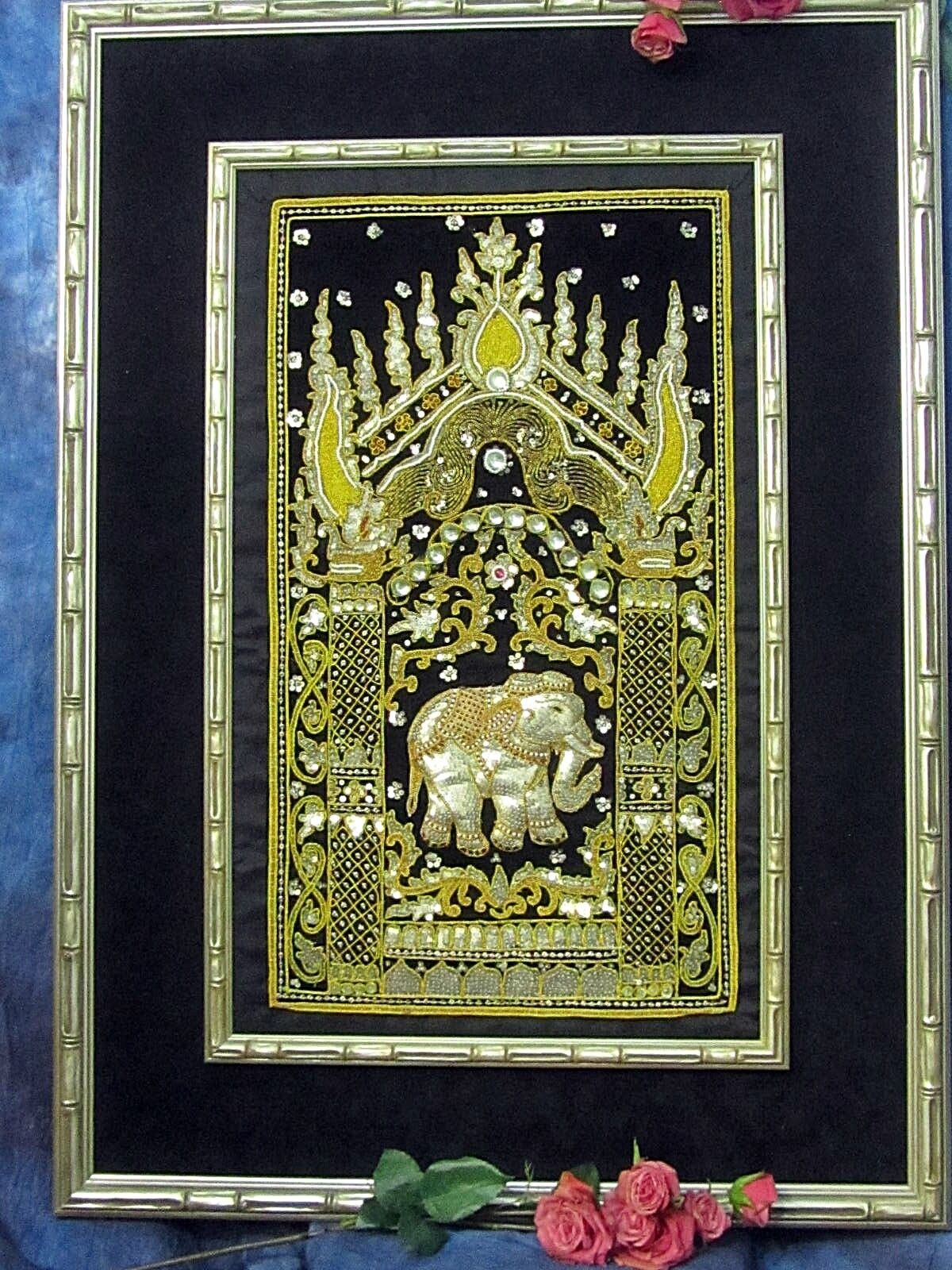 Framed Vintage Beadwork Elephant Wall Art 31x42
