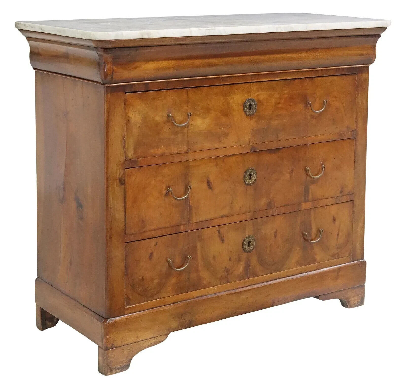 Antique Commode, Fren. Louis PhiIippe, Marble-Top, Flame, Burled Mahogany, 1800s