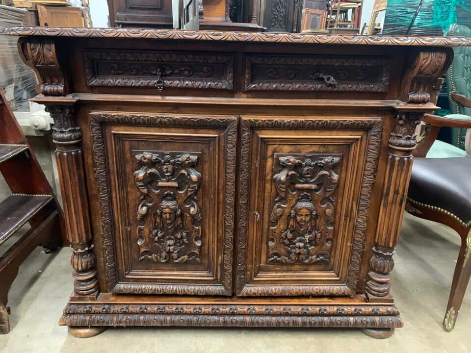 Antique Dresser, Server, Renaissance Style, Carved Wood, Drawers,  19th C. 1800s